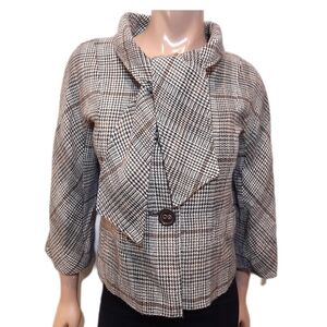 Chapter One Tie Neck Plaid Blazer Jacket Cropped Sleeve Womens Size 4 Brown